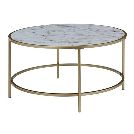 CONVENIENCE CONCEPTS Gold Coast Faux Marble Round Coffee Table, White Faux Marble & Gold - 32.75 x 32.75 x 19.25 in. HI2539817